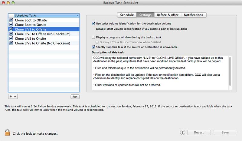 Drive Backup Software - Carbon Copy Cloner Task Settings Tab